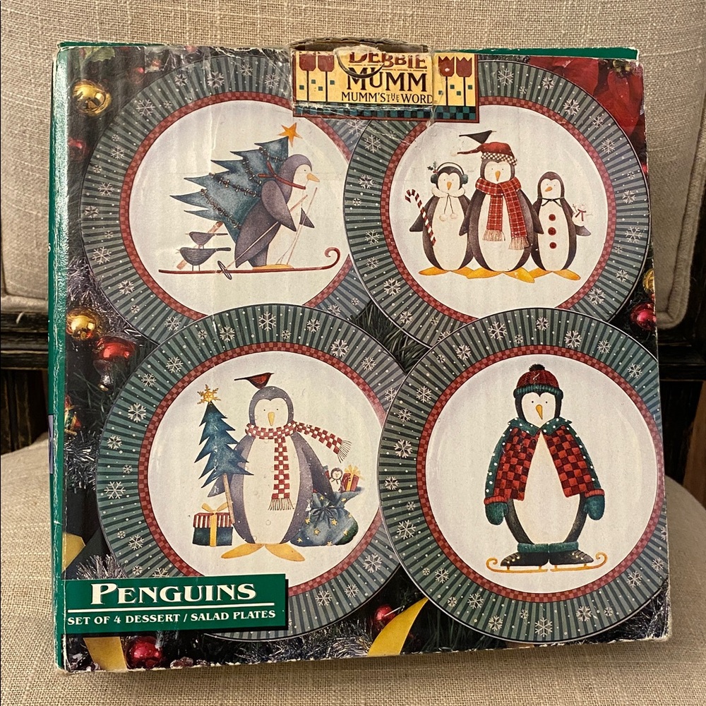 Penguin Plates  SAKURA 1998 Debbie Mumm Holiday Plates NEW original box